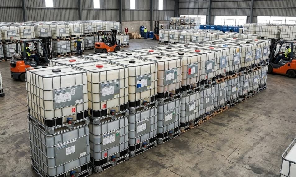 Aerial view of Baltimore IBC Recycling warehouse interior with rows of stacked IBC totes and forklifts