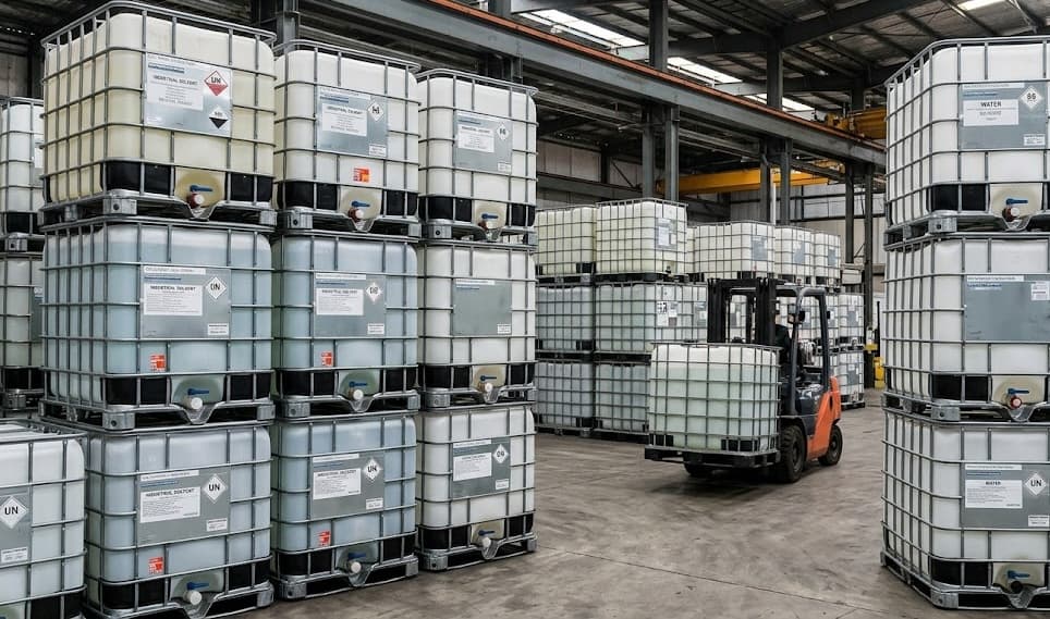 Close-up of IBC tote rows inside the warehouse with orange forklift