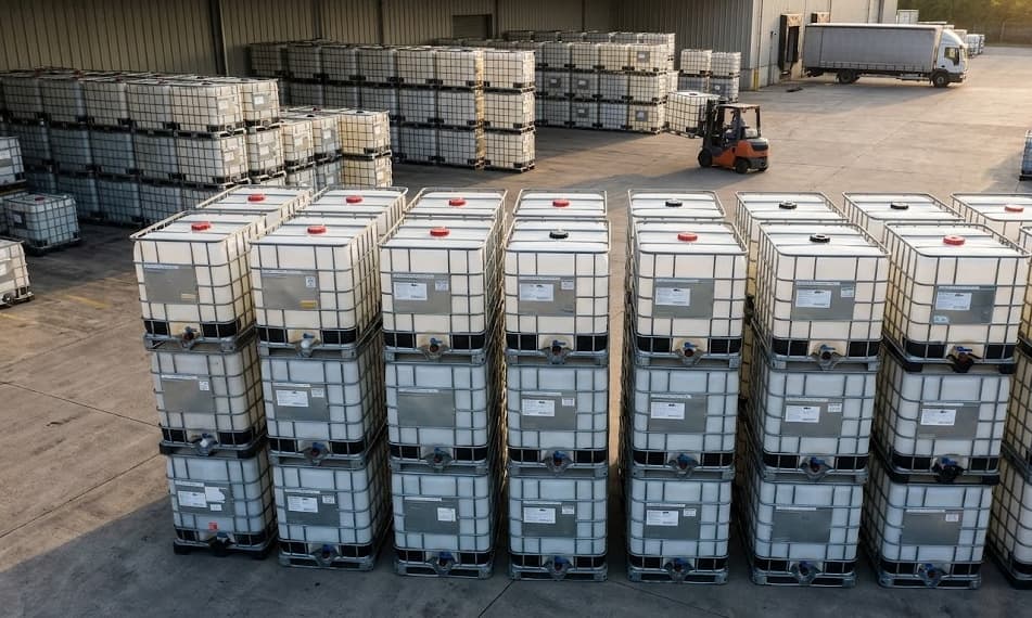 Outdoor loading area with stacked IBC totes and forklift bathed in golden hour light