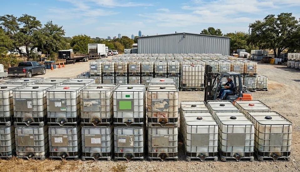 Baltimore IBC Recycling outdoor yard showing large IBC inventory with city skyline in the background