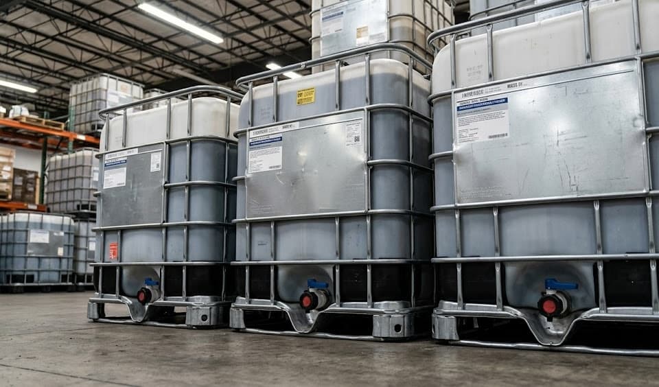 Close-up of IBC totes with blue and red valves in the warehouse