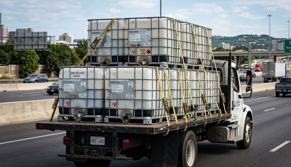 Flatbed truck transporting reconditioned IBC totes on the highway